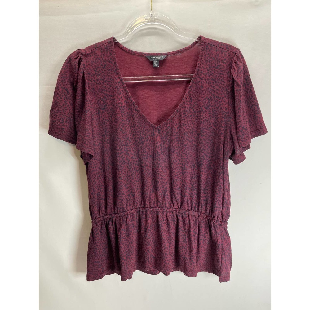 Lucky Brand Dark Red Black Cheetah Print  Peplum Short sleeve T-shirt Size Large